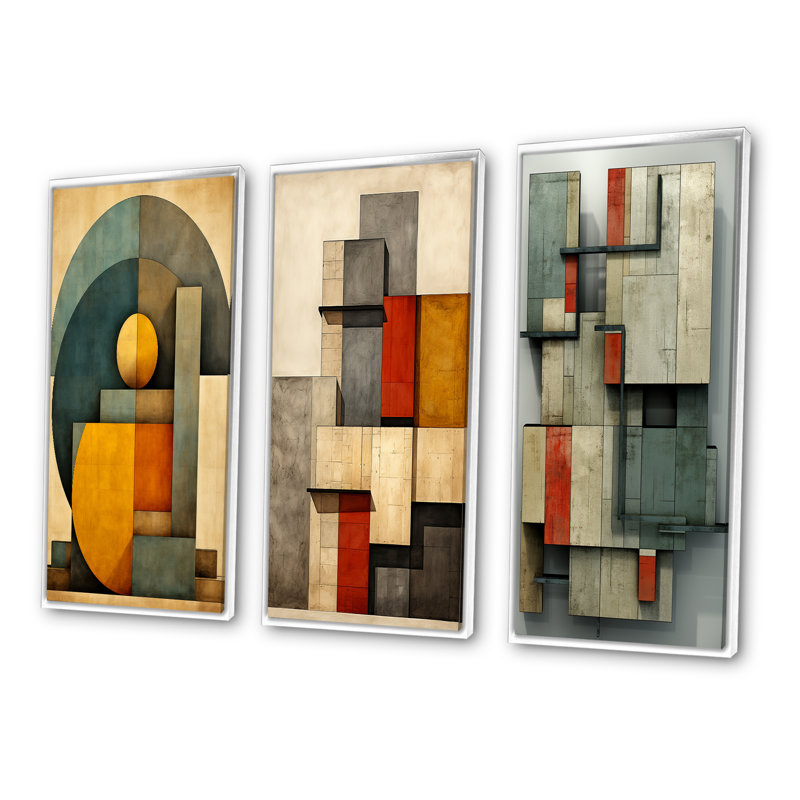 «Full Moon Celebratration Vintage Abstract», 3 pièces sur toile, Cadre flottant blanc, H 40 po x l 60 po