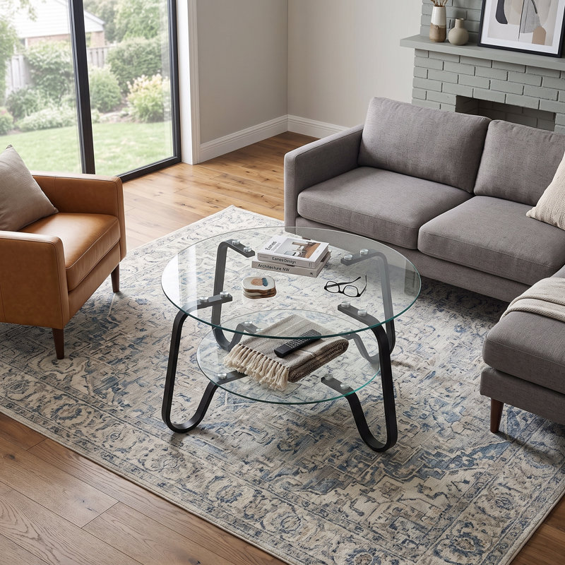 Table basse 31,5 "à double couche en verre trempé rétro avec cadre en métal, Black