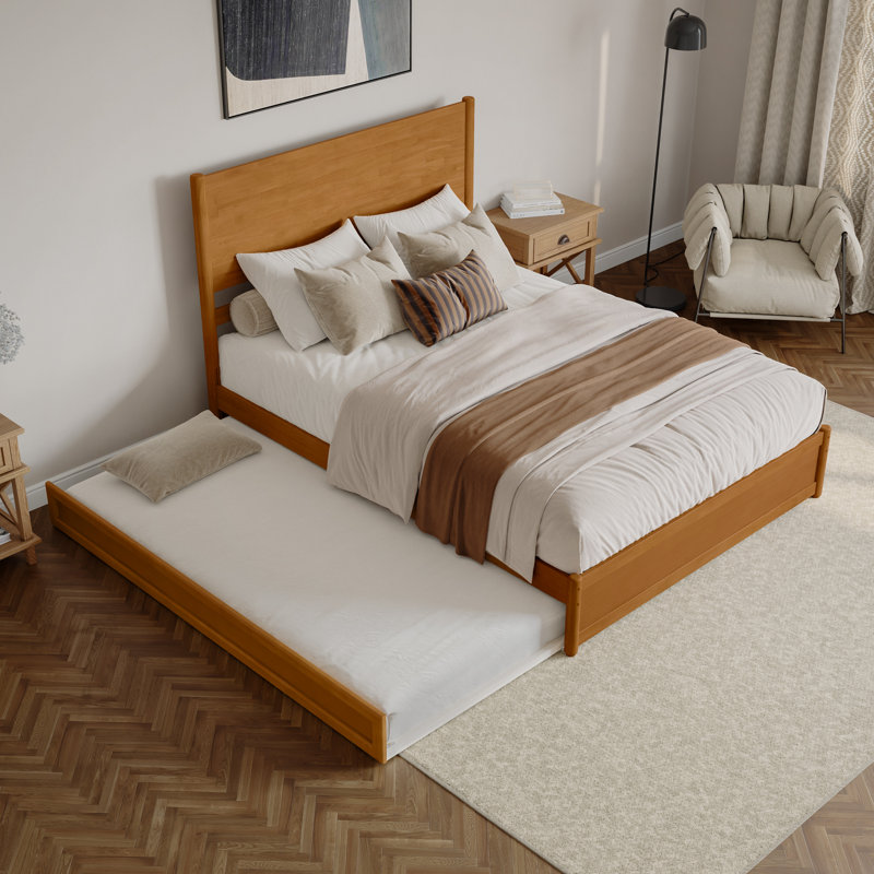  Ronan Wood Platform Bed with Footboard and Trundle, Light Toffee, Queen