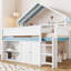 Lit mezzanine double avec auvent et rangement, design pastel doux, tablettes intégrées pour ranger les fournitures, ambiance de chambre à coucher confortable, rangement pour armoires-130155735