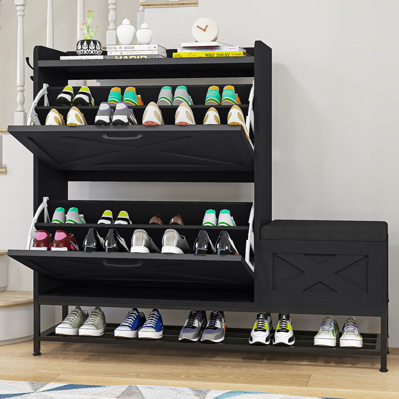 16 Pairs Farmhouse Shoe Storage Cabinet with Shoe Bench, Black