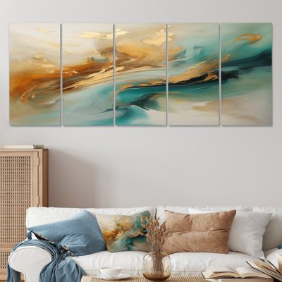 Golden Sunrise On Turquoise II - Art mural abstrait pour le salon 5 pièces