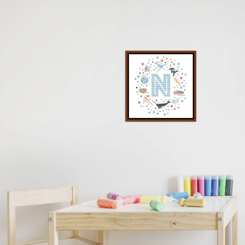 Lettre illustrée N bleue - impression, Toile avec cadre brun, Pas de tapis, H 18 po x l 18 po x 1,5 po