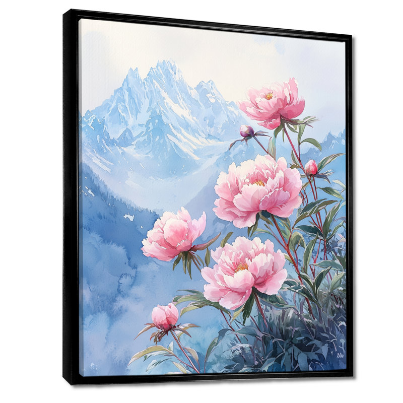 Art sur toile, pivoines par les sommets enneigés III, Noir, Reproduction avec cadre flottant, H 32 po x l 16 po
