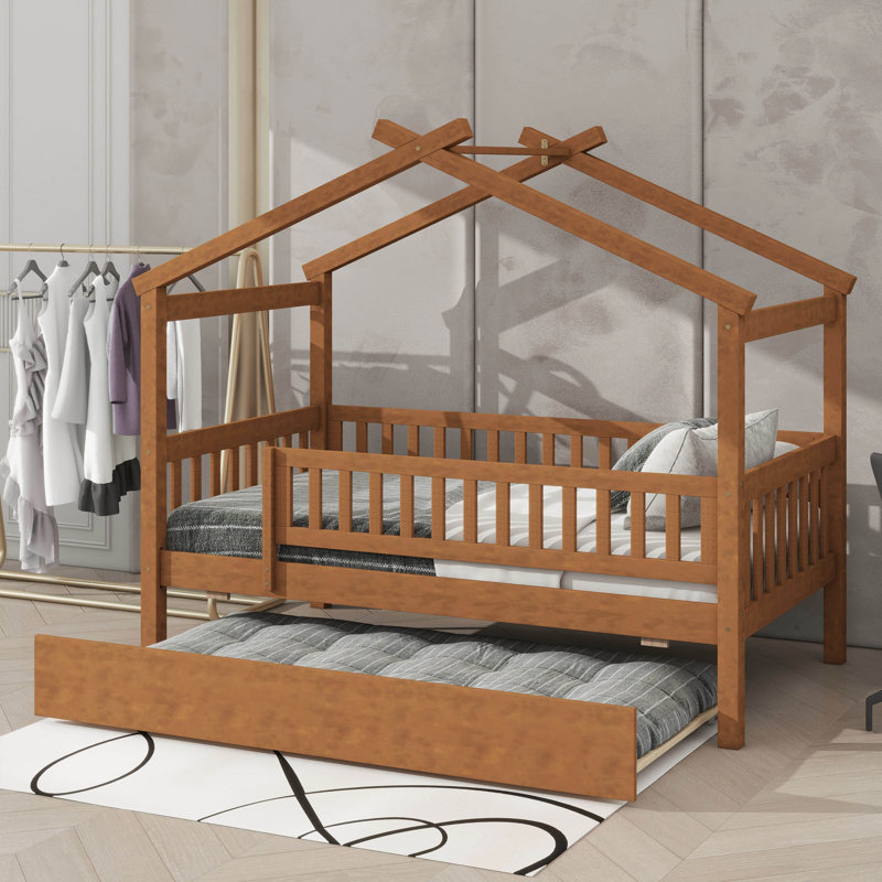 Lit simple en bois avec lit gigogne assorti, lit plateforme en bois avec clôture, Noyer