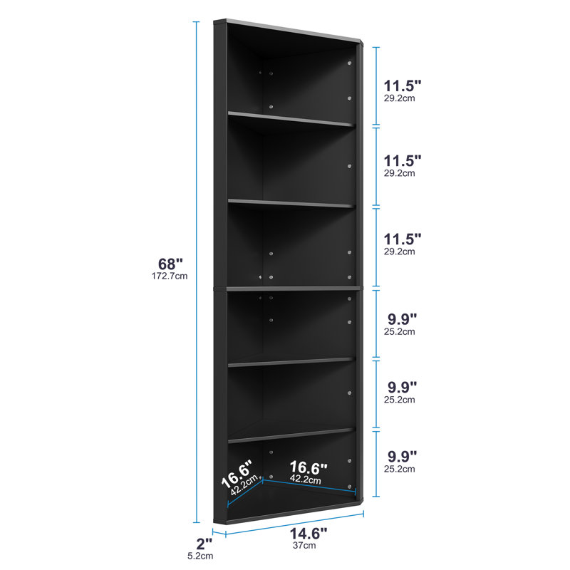 6 Tier Corner Shelf With Adjustable Shelf, 68" Tall Corner Bookshelf Bookcase, Freestanding Corner Display Storage Shelf For Living Room, Office, Kitchen, Bath Room,small Space, Black