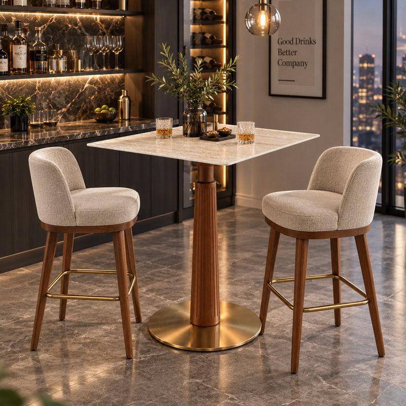 Sculptural 33" Square Bar Table with Fluted Wood Pedestal & Brushed-Gold Base, Yellow