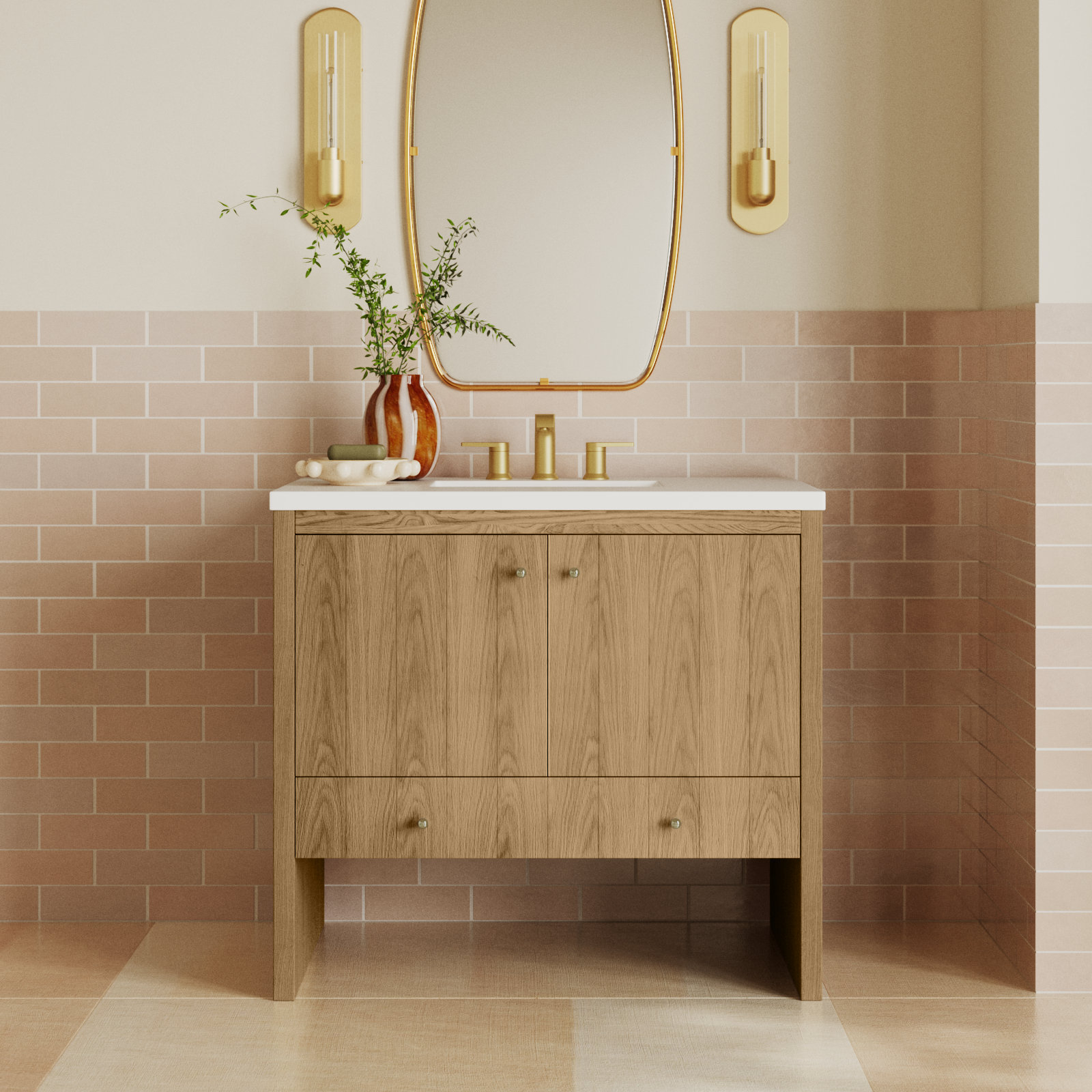 Hudson 36'' Single Bathroom Vanity, White Zeus, 8" Widespread, Light Natural Oak