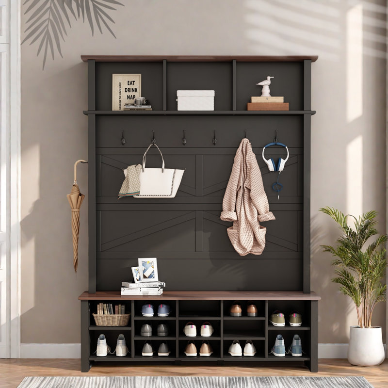 Farmhouse 4-in-1 Hall Tree With 6 Hooks, Entryway Bench With Adjustable Shelves, 16 Open Compartments And A Side Umbrella Rack