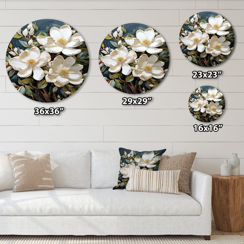 Patchwork de charme blanc blanc jaune Magnolias - Art floral rond en métal, H 36 po x l 36 po