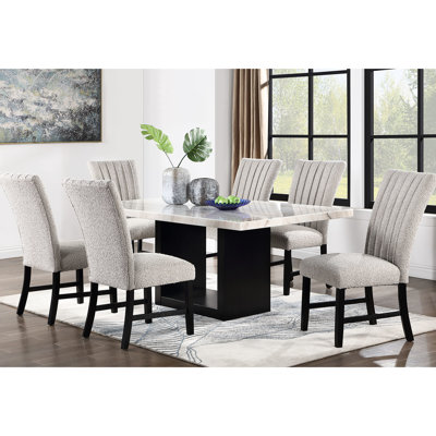 Contemporary Dining Of 7 Pieces, White Marble, Vertical Pleated Boucle Seating 7pc , Gray Boucle, Padded Seats, Marble Table