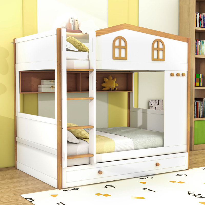 Lit superposé de conception inspirée de la maison avec tablettes et tiroirs de rangement intégrés