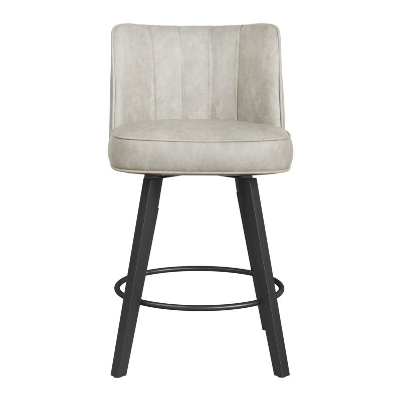 Condredge 35" H Upholstered Solid Wood Swivel Counter Stool, Light Beige Gray Seat/ Black Frame