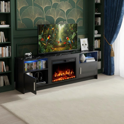 Meuble télé 70 po avec foyer électrique encastré de 23 po, plateau en pierre frittée et éclairage DEL