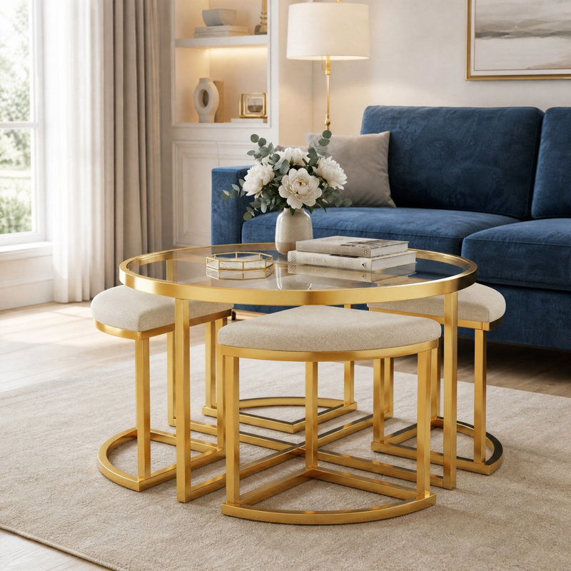 Modern Round Coffee Table Set With 4 Nesting Stools