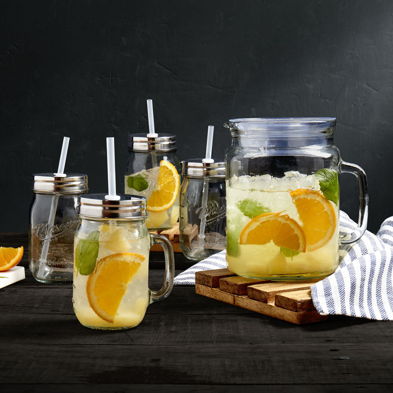 Vintage-Inspired 14-Piece Glass Drinkware Set with Pitcher and Jars