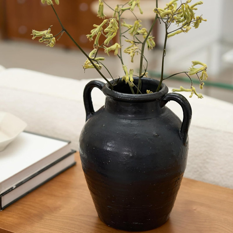 Vase en céramique noir fait à la main avec glacis craquelé - décor rustique antique pour le salon, l'entrée et le style Wabi-Sabi
