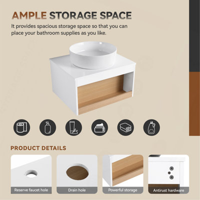 Meuble-lavabo flottant 24 po avec lavabo vasque rond blanc brillant, meuble-lavabo mural avec tablette ouverte, finition blanche avec comptoir durable, conception moderne peu encombrante (livré dans 2 boîtes)