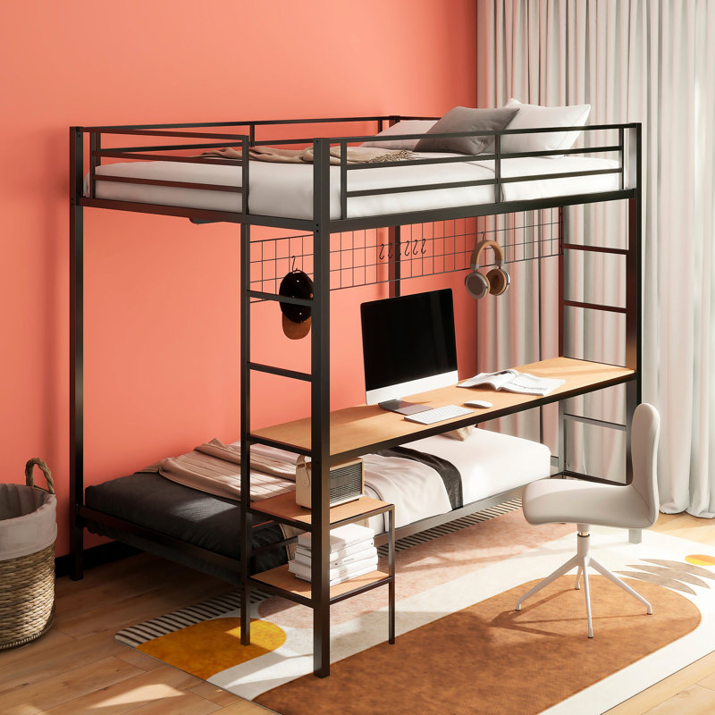 Lit superposé double en métal noir mat avec poste de travail double, comprenant deux échelles et une surface en placage d'aspect bois pour le bureau dans la chambre