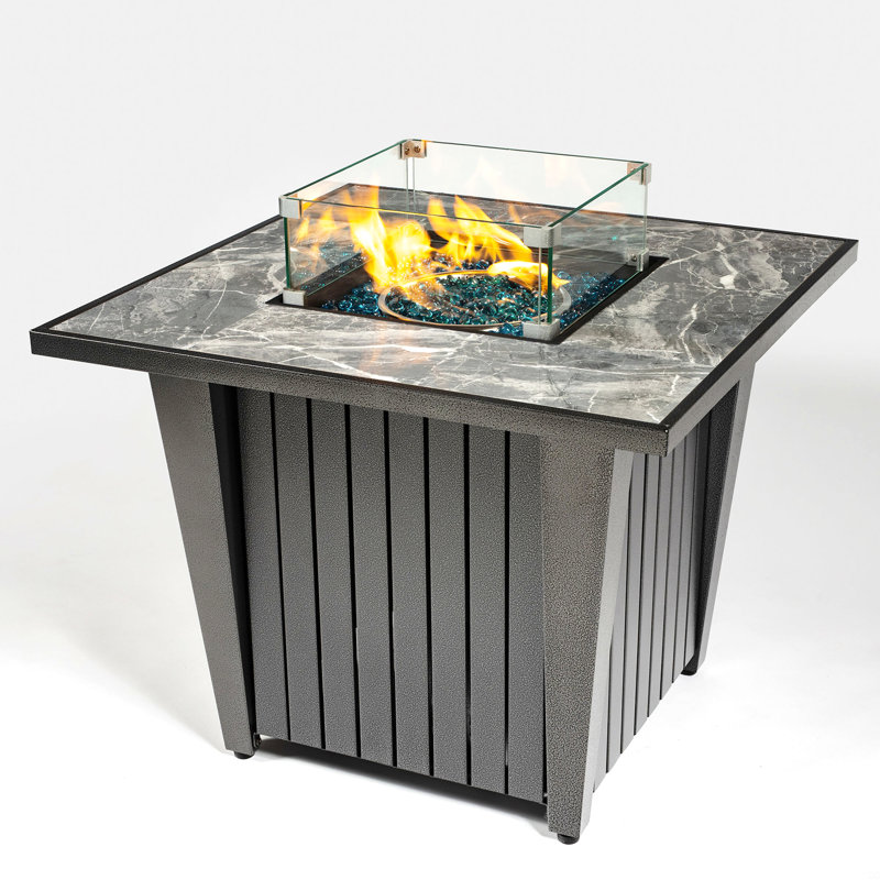 Table de foyer d'extérieur carrée au propane avec perles de verre bleues, housse de pluie et pare-vent en verre