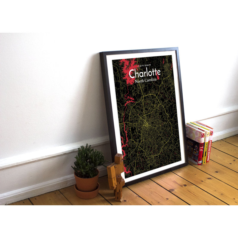 «Charlotte City Map», reproduction d'impression sur affiche en noir, H 17 po x l 11 po