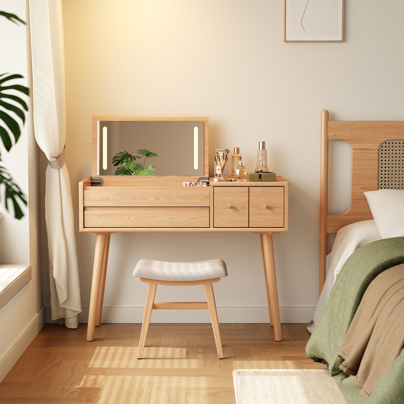Coiffeuse en bois massif avec miroir inversé et modes d'éclairage, Tanné, H 43,1 po x l 39,4 po x P 15,7 po - 3 tiroirs