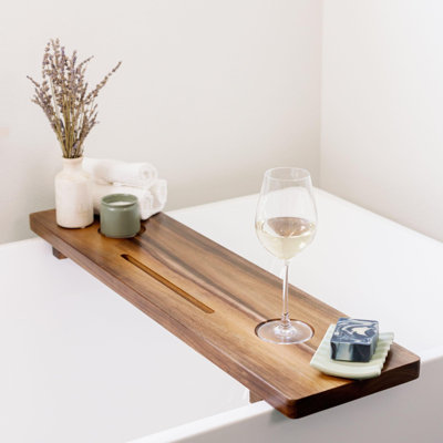 Plateau pour baignoire autoportante Premium Premium Grand et épais plateau de bain de luxe en bois d'acacia de 35 po pour baignoire | Plateaux anti-basculement, non toxiques et réglables pour baignoire avec support d'accessoires de salle de bain