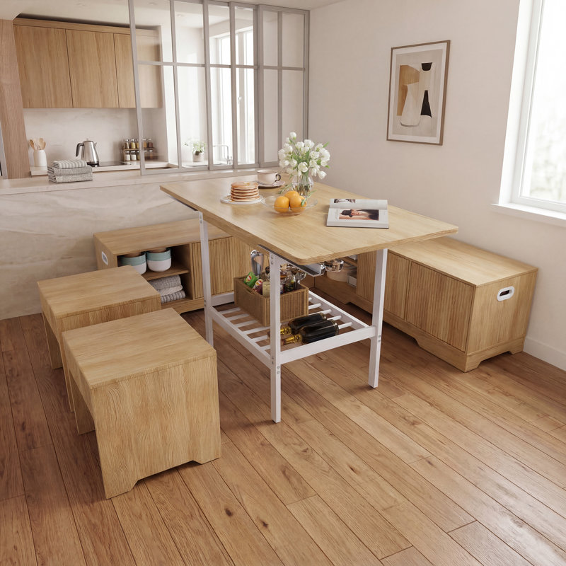 Ensemble de table de coin-repas extensible avec bancs et tabourets de rangement, ensemble de table de salle à manger de coin 6 pièces