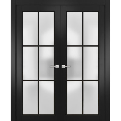 Solid French Double Doors 64 x 80 inches Planum 2122 Matte Black Frosted Glass Wood Solid Panel Frame Trims Closet Bedroom Sturdy Doors
