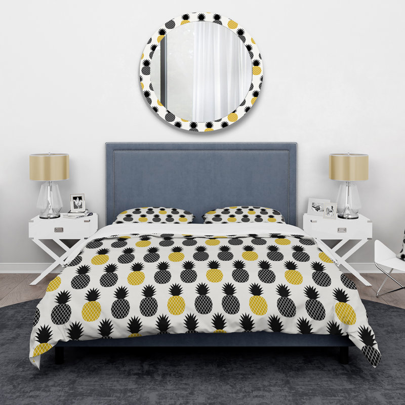 Ananas noir et jaune - ensemble de housse de couette moderne Mid-Century - microfibre de polyester