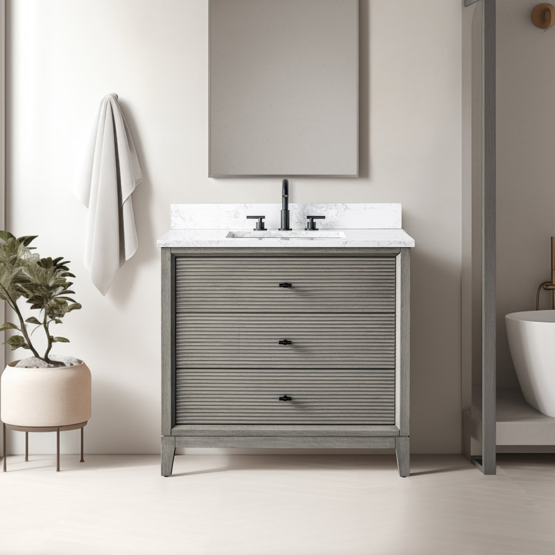 Meuble-lavabo simple 36 po avec plateau en marbre, Bois flottant gris, Noir mat, Arabescato White 