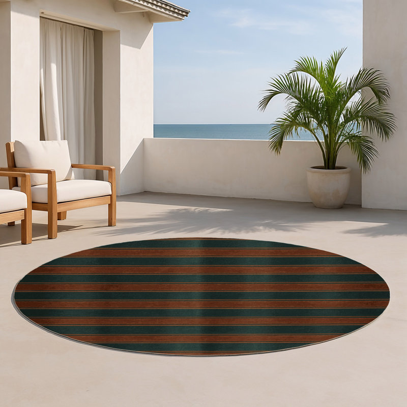 Tapis intérieur / extérieur vert HorizontalStripes, Rond 5 pi
