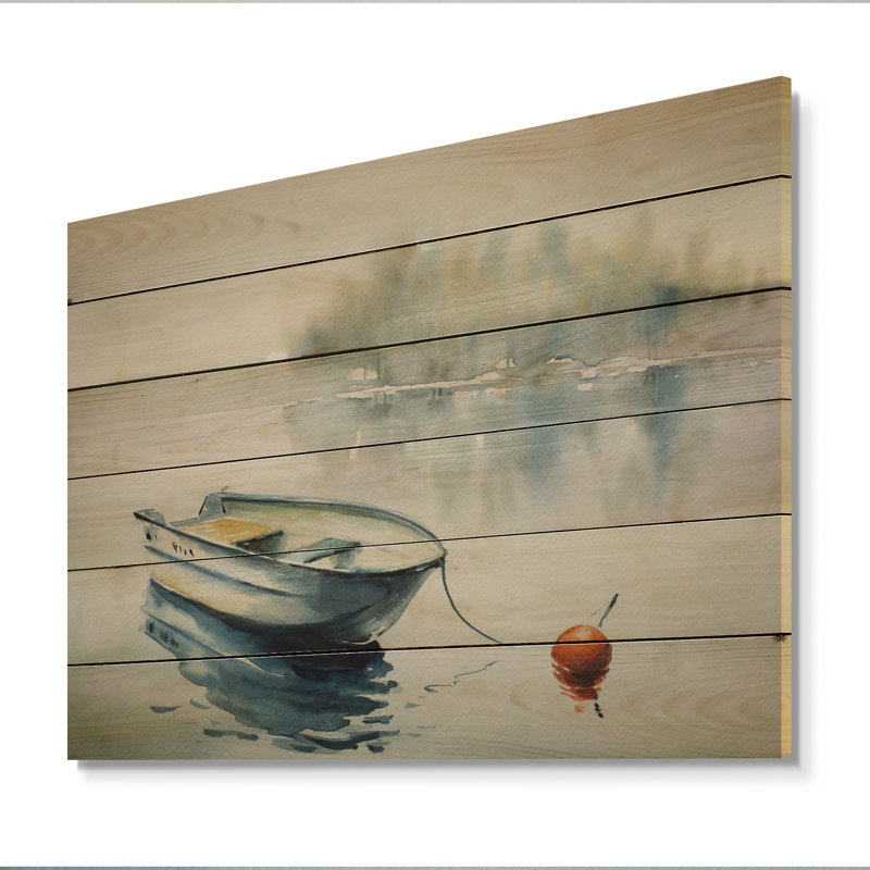 Bateau abstrait en bois dans un lac - peinture sur bois sans cadre, H 12 po x l 20 po x P 1 po