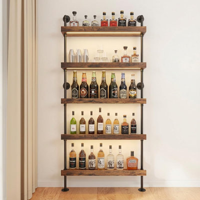 5-Tier Wall Mounted Wine Rack With LED, Industrial Pipe Bar Shelf For Wine Bottle Storage, Industrial Pipe Shelves Shelf Shelving For Home Bar Dining Room Kitchen (40INCH-LED)