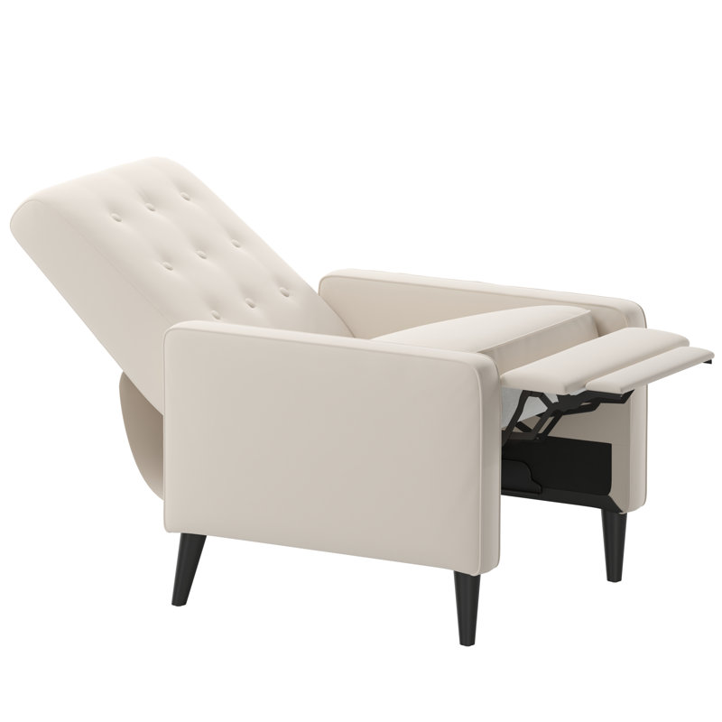 Mid-Century Modern Fabric Upholstered Button Tufted Pushback Recliner, Cream