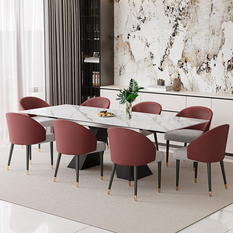 Ensemble de table de salle à manger extensible 94,5 po avec plateau en pierre frittée rectangulaire et 8 chaises en similicuir
