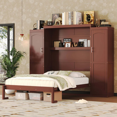 Lit escamotable double en bois noyer avec 2 armoires et tablette de rangement, cadre de lit plateforme pliable multifonctionnel pour chambre d'amis et chambre à coucher