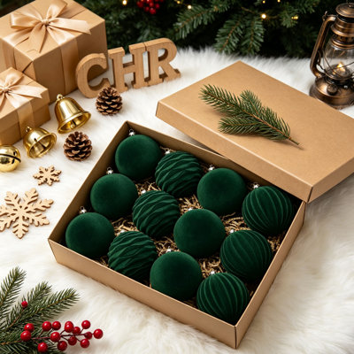 12‑Pack Flocked Velvet Christmas Ornaments, 3.15 Inch(8cm) Shatterproof Christmas Tree Balls, Smooth & Ribbed Textured Baubles, Farmhouse Boho Neutral Winter Holiday Decor, Gift‑Ready Boxed Set for Xmas Tree, Wreath & Mantel Decoration
