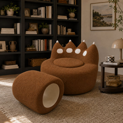2-in-1 Paw Shape Bean Bag Chair Set with Cat Tunnel Ottoman, Pet-Safe Soft Boucle Fabric Adult Lounge Lazy Sofa