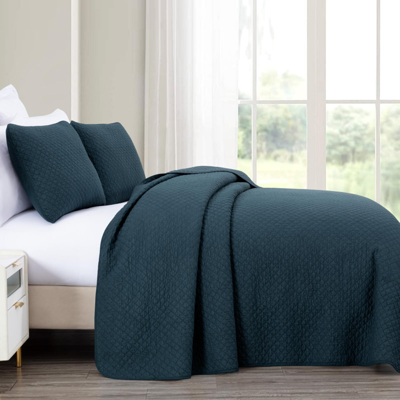 Solid Color Cotton Quilt Cotton Quilt, Queen Quilt + 2 Standard Shams, Blue