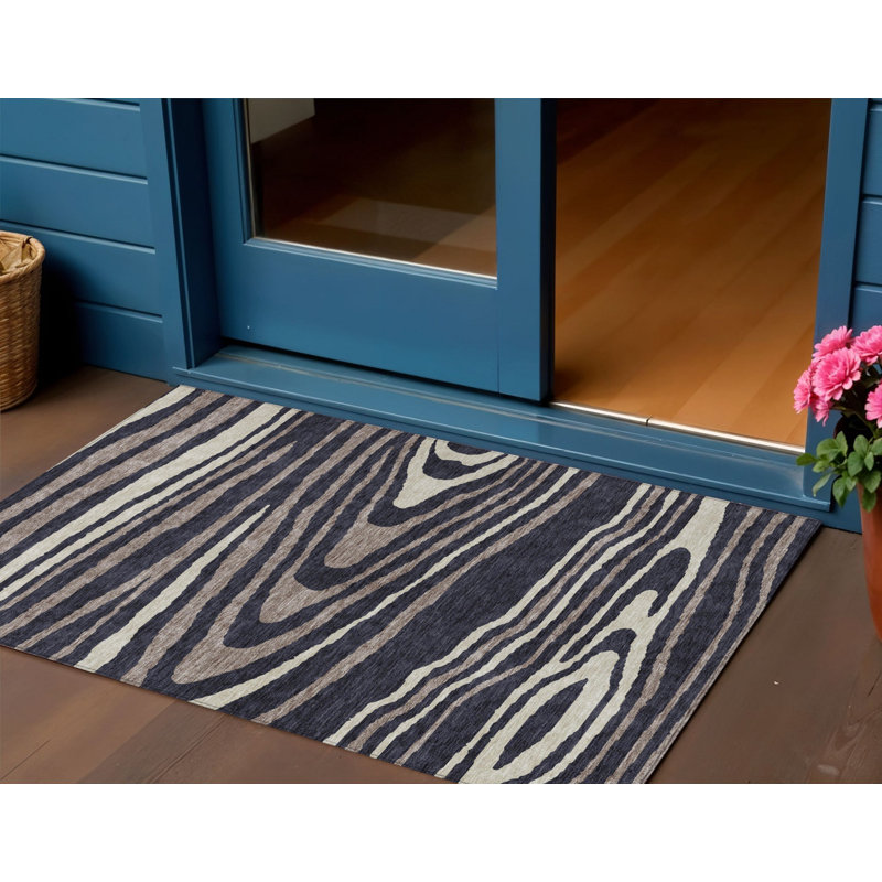 3' X 5' Black Taupe Faux Bois Washable Indoor Outdoor Area Rug