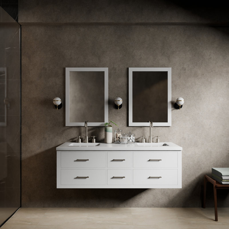 60" Wall-Mounted Double Bathroom Vanity Set, White, White Quartz