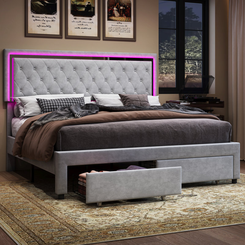 
Gerasim Bed Frame with Two Storage Drawers & LED Headboard Acrylic Mirrored,Velvet Upholstered Platform Bed, Full