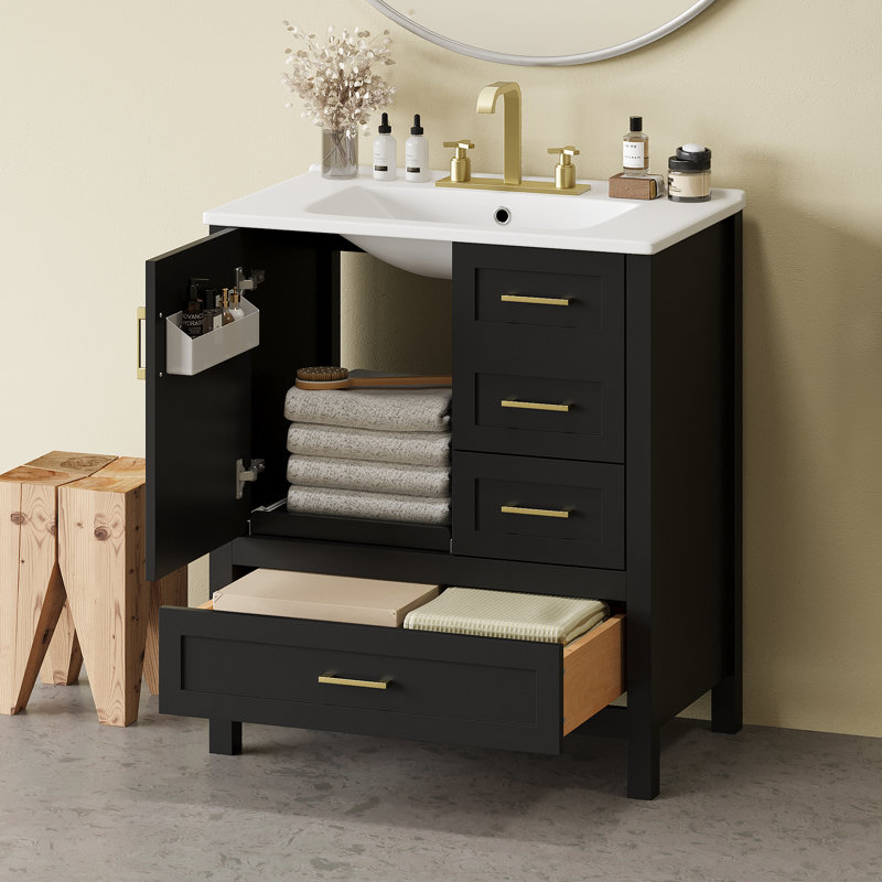 Meuble-lavabo simple 30 po avec comptoir en céramique, Noir/or
