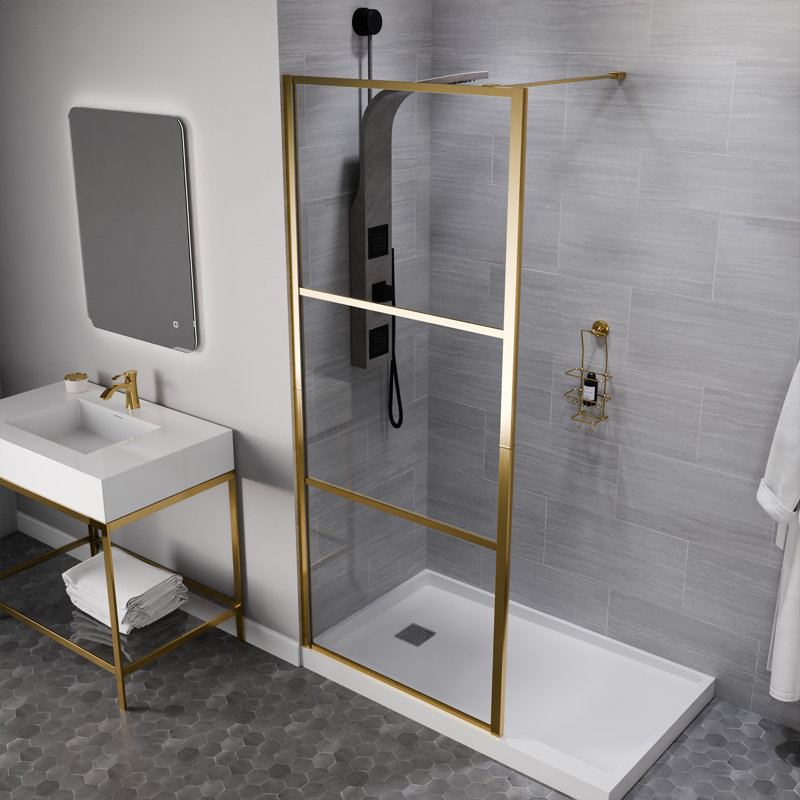 Anzzi Series 34 po X 78 po Porte de douche fixe sans cadre avec garde en verre trempé transparent, Or brossé