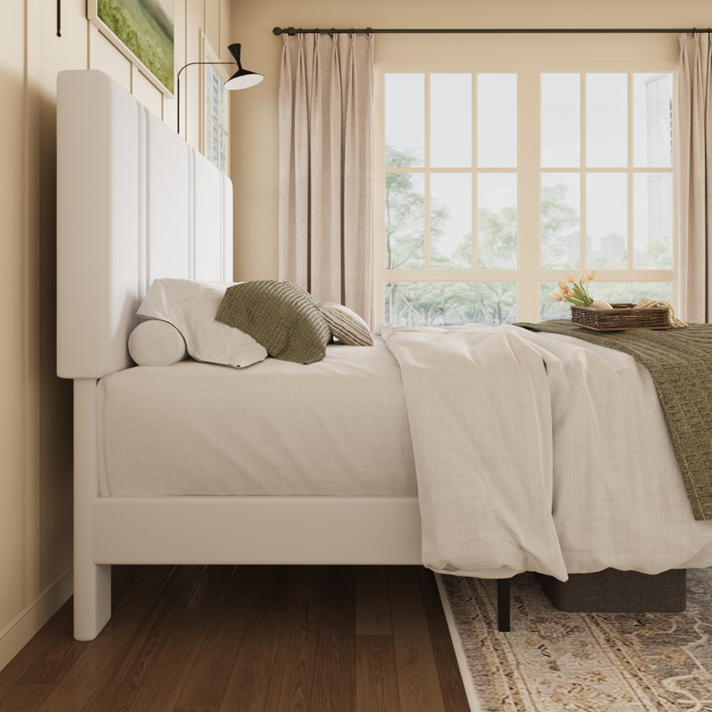 Modern Low-Profile Velvet Upholstered Platform Bed Frame With Headboard, Queen, White