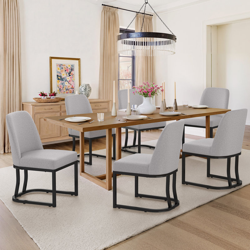 Jovone Upholstered Dining Chairs, Light Gray, 6, Black