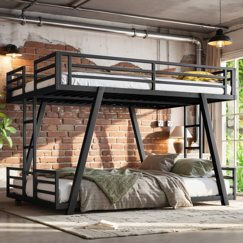 Structure de lit superposé en métal pour grand lit et grand lit avec échelle à 2 côtés et pieds de soutien spéciaux, pour les adolescents, lit superposé à profil bas avec lattes, aucun sommier requis, assemblage facile, pour la chambre à coucher, noir