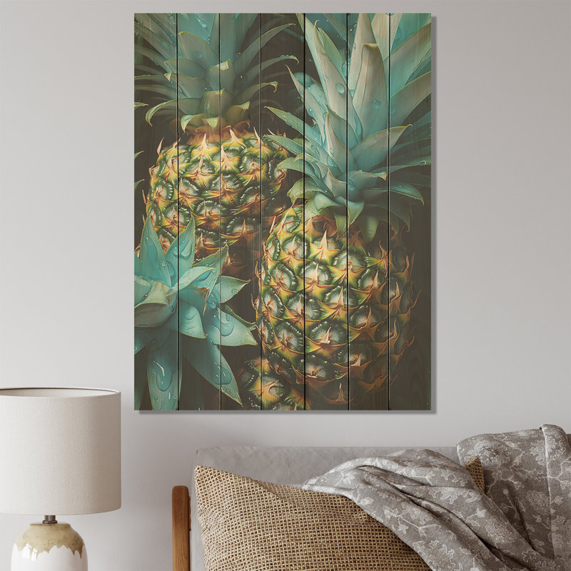 Ananas vert et bleu Paradise I - ananas sur bois, H 32 po x l 24 po
