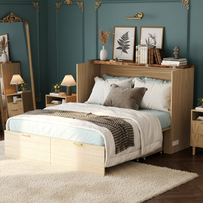 Lit double escamotable en bois avec station de charge, tiroirs de rangement, pour petits espaces, en beige